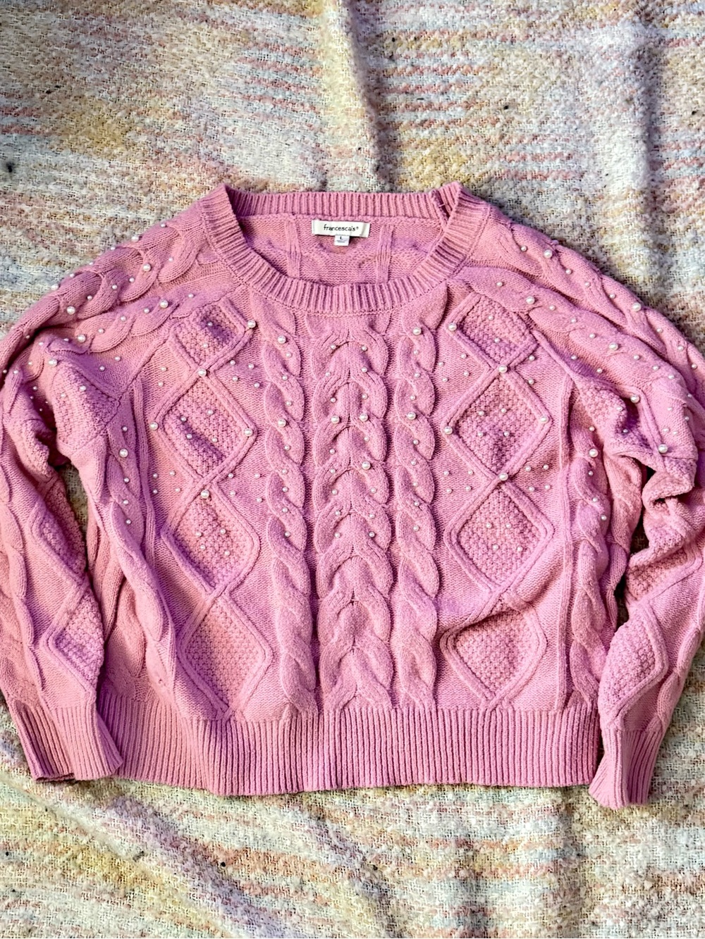 Francesca's Collections Pink Pearl-Embellished Cable Knit Crewneck Sweater